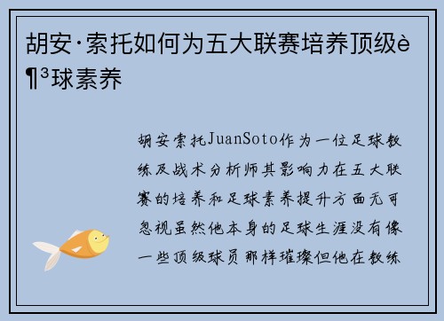 胡安·索托如何为五大联赛培养顶级足球素养 胡安·索托如何为五大联赛培养顶级足球素养