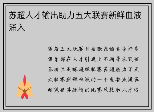 苏超人才输出助力五大联赛新鲜血液涌入 苏超人才输出助力五大联赛新鲜血液涌入